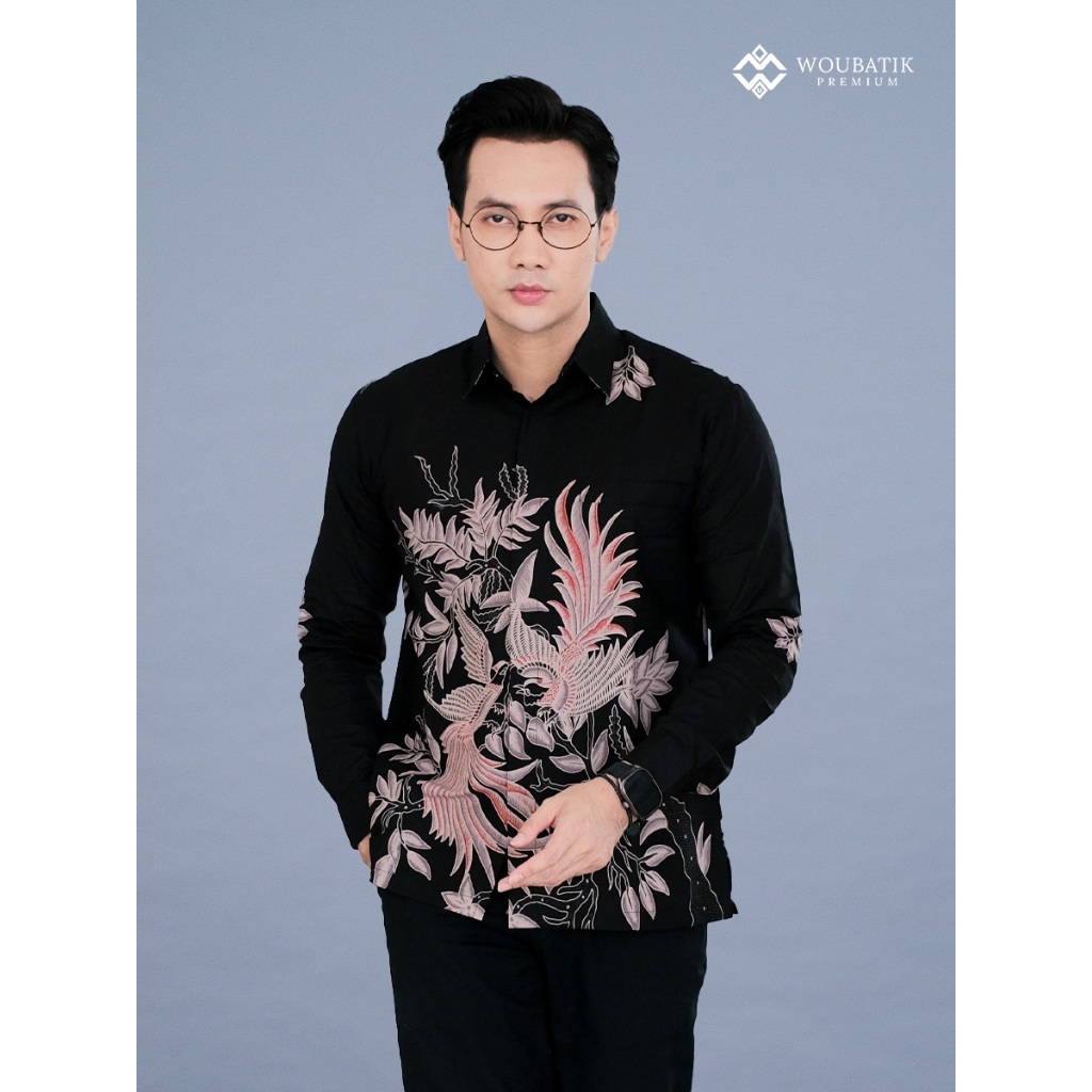 WOUBATIK - Kemeja Batik Pria Furing lengan Panjang Slimfit  terbaru Warna hitam Motif Cream Modern P