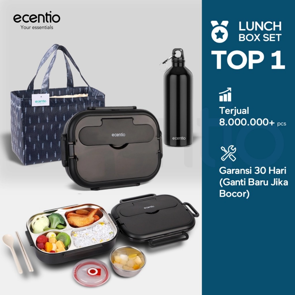 [BUY 1 GET 3]ecentio lunch box 1000ml stainless 304 sekat 4 dan anti tumpah free sendok sumpit