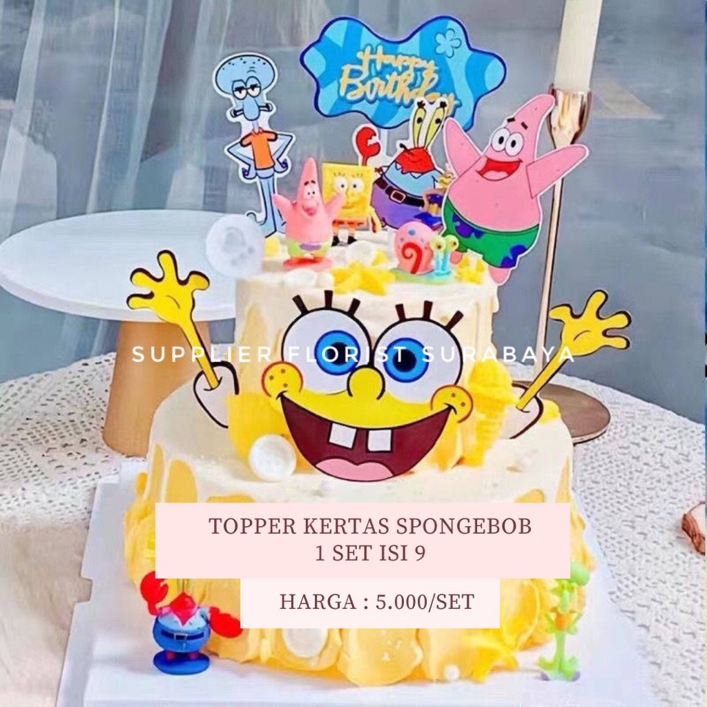 [TOPPER KERTAS SPONGEBOB] TERSEDIA HARGA GROSIR  HIASAN KUE TART SPONGEBOB TOPPER MINIATUR CAKE BIRT