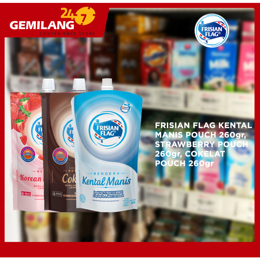 

FRISIAN FLAG KENTAL MANIS, COKELAT, STRAWBERRY POUCH 260gr