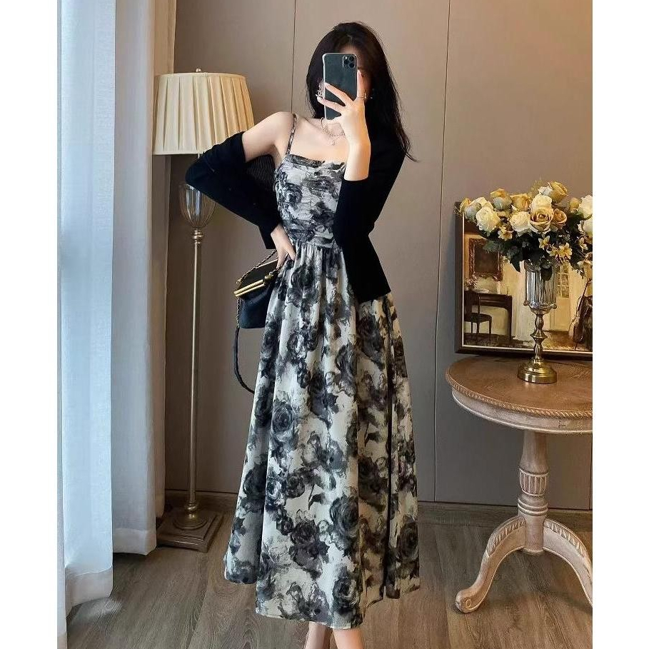 Hertha Duga black dress elegant dan mewah party casual dress long dress summer beach dress floral ga
