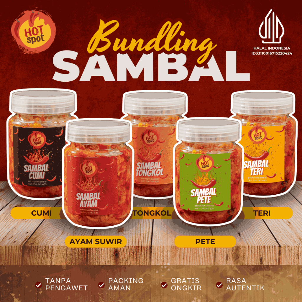 

Hotspot Sambal Paket Sambal Botol Pedas – Sambal Cumi,Hotspot Sambal – Paket Sambal Pedas Botol 200gr | Isi 2, Isi 3, Isi 5 (Ayam Suwir, Cumi, Tongkol, Teri, Pete)