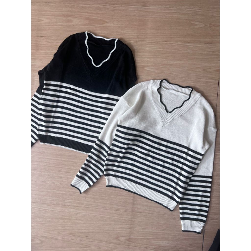 BAJU RAJUT WANITA LENGAN PANJANG MOTIF BERGARIS KOREAN STYLE