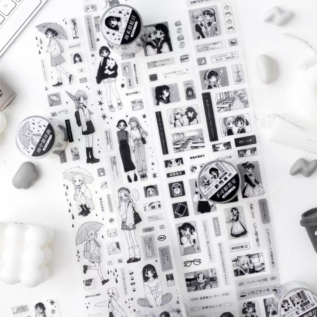 

sticker roll anime girl black and white dekorasi journal readystock B3503