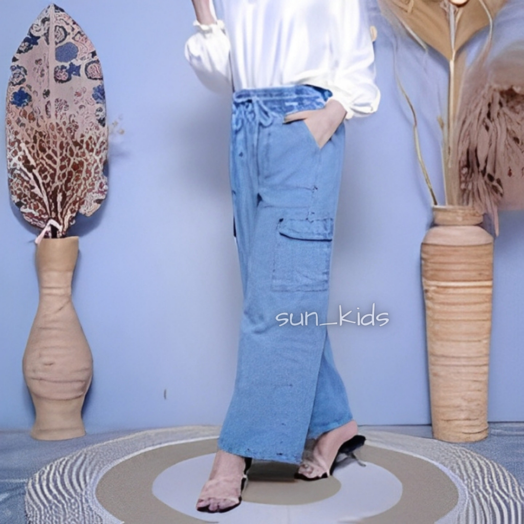 Sun Kids | Kulot Jeans Cargo Anak Denim - Celana Anak Usia 4 -15 Tahun Terbaru - Celana Anak  Hitam