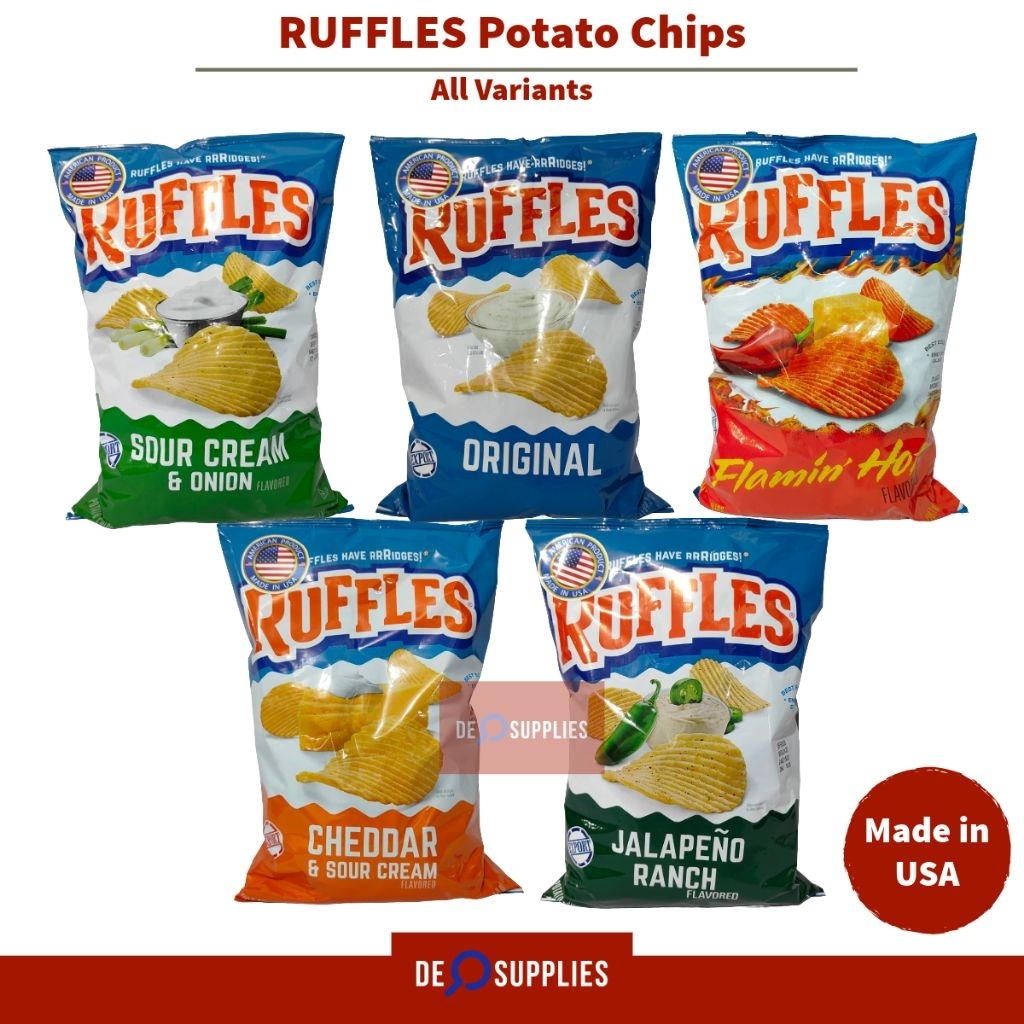 

Ruffles Potato Chips Snack USA 6.5oz - Cheddar Sour Cream Onion Flamin Hot Jalapeno Ranch America