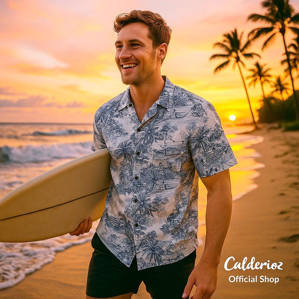 Calderioz - Kemeja Hawai Tropis Lengan Pendek Pria Wanita Motif Pantai Biru Outfit Summer