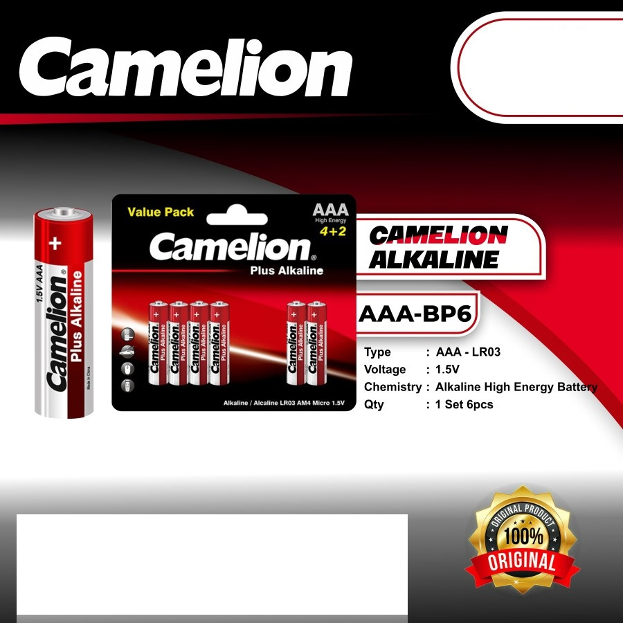 Camelion Baterai Alkaline AA 4 + 2- Baterai Alkaline A2 Isi 6