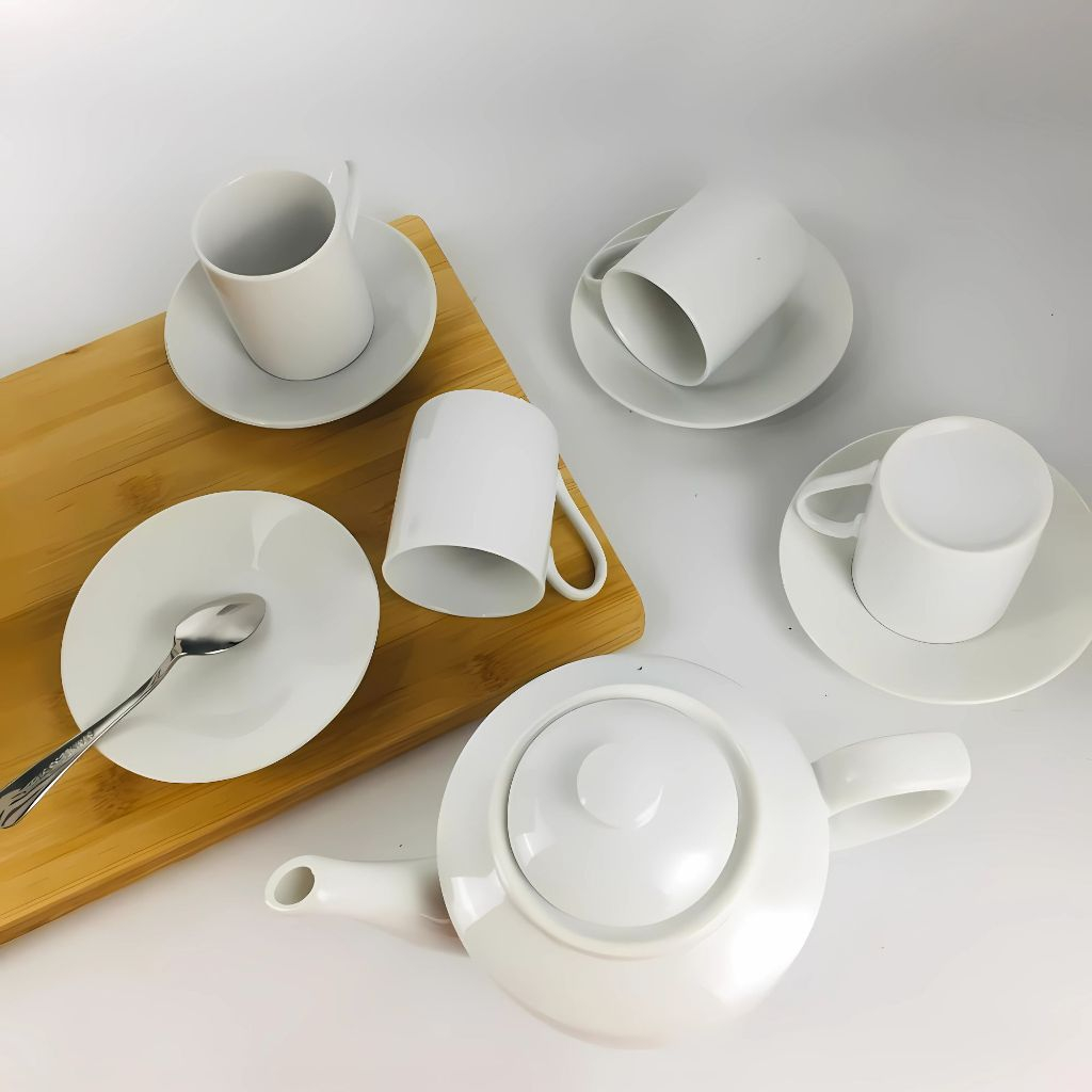 Teko Keramik Set Putih Polos Gelas dan Piring Isi 4pc