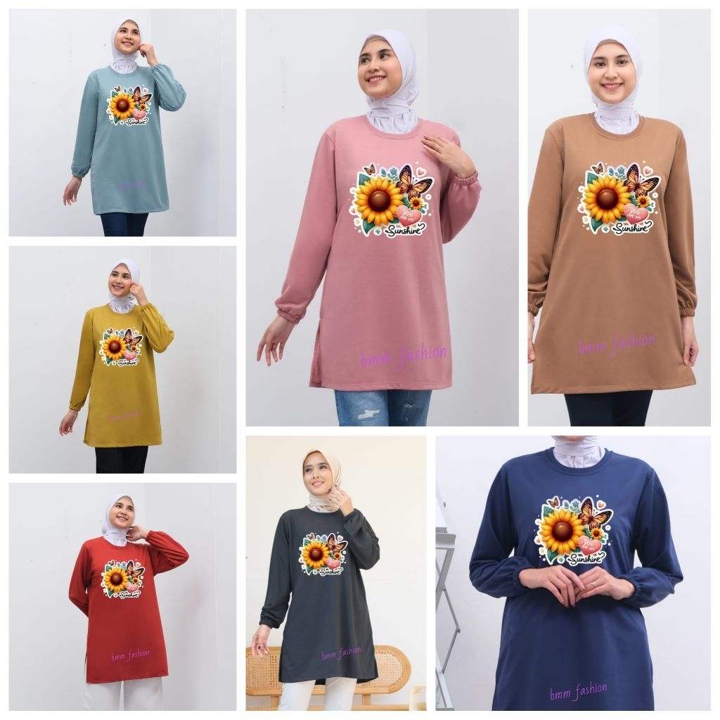 Kaos tunik wanita lengan panjang Motif Sunshine Kupu-Kupu bunga Matahari Terbaru,kaos tunik wanita m