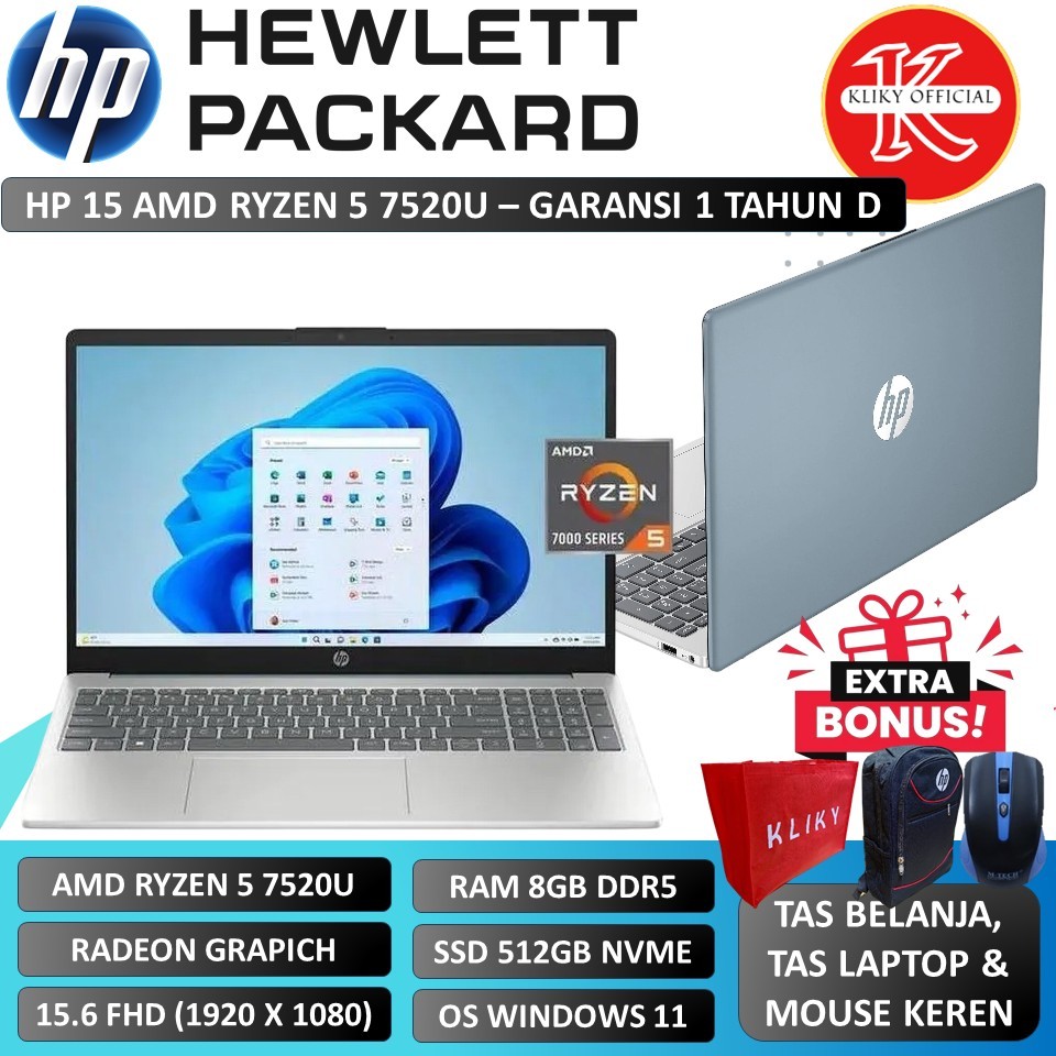 Laptop Tipis Spek Gaming HP 15 AMD RYZEN 5 7520U 8GB DDR5 SSD 512GB Moon Light