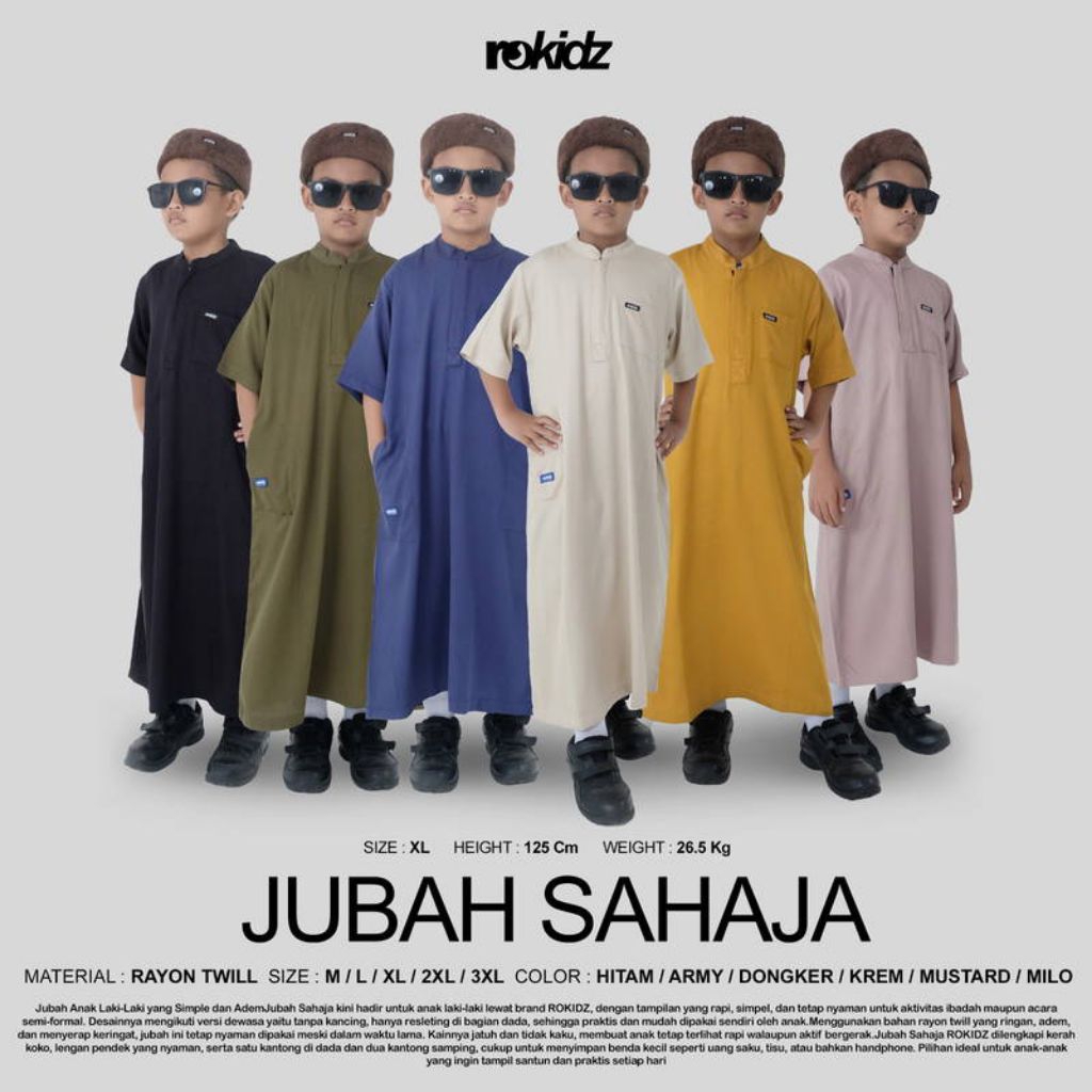 ROKIDZ Jubah Gamis Anak Laki - Laki Umur 4 - 12 tahun Polos Jubah Sahaja Anak Pria Bahan Katun Rayon