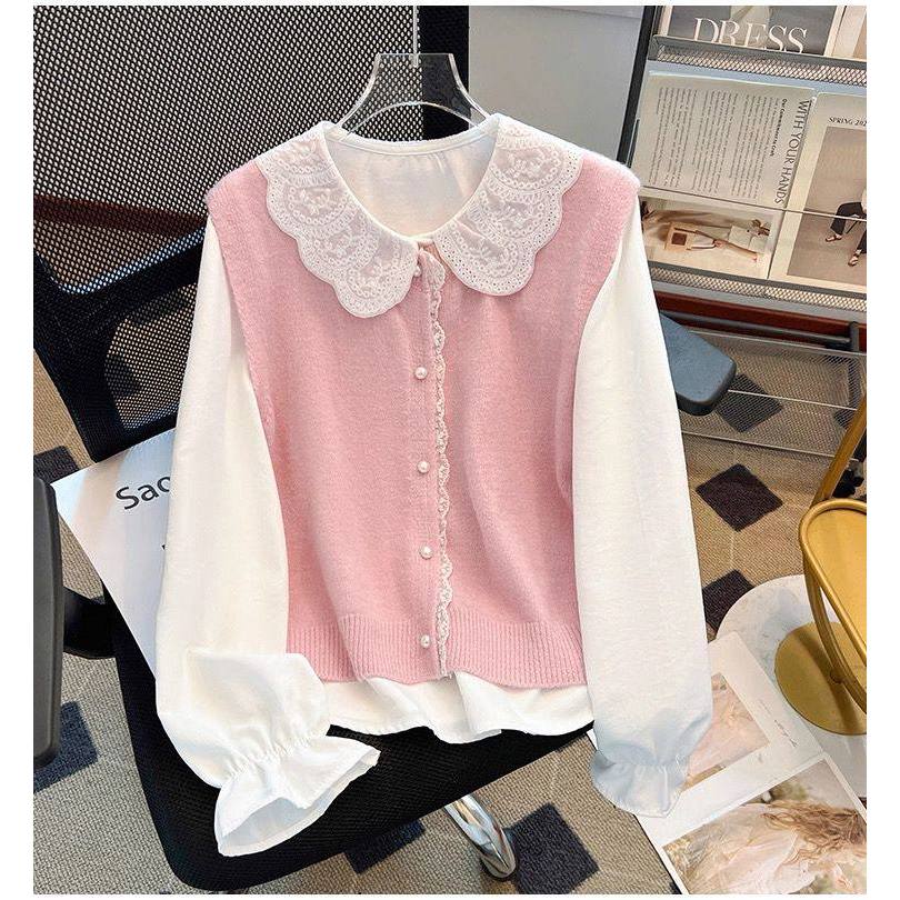 GS - Atasan Vest Rajut Kemeja Satu Set Korea Fashion Girly OOTD | Rajutwear Cute Pita Pita Kerah Ren