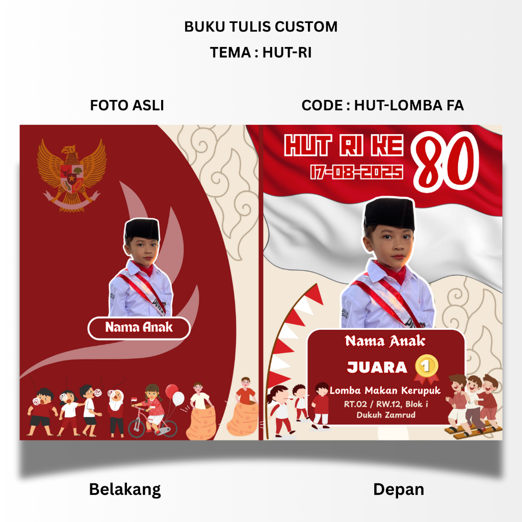 

BUKU TULIS CUSTOM - TEMA HUT RI LOMBA - STANDART UKURAN SIDU 160X210 - BISA PAKAI FOTO ANAK ASLI ATAU UBAH KE KARTUN