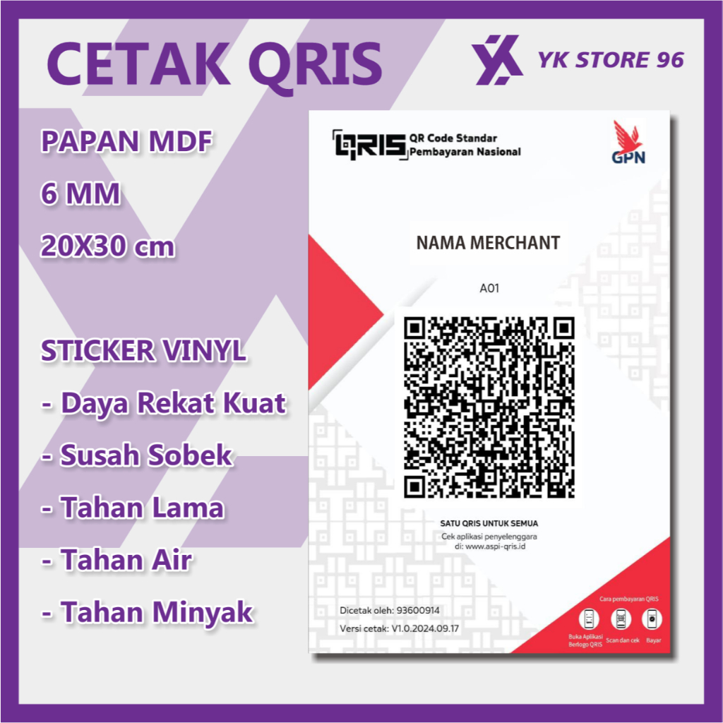 

CETAK STCIKER QRIS / QR CODE PAPAN MDF 20x30CM STICKER VINYL AWET TAHAN AIR