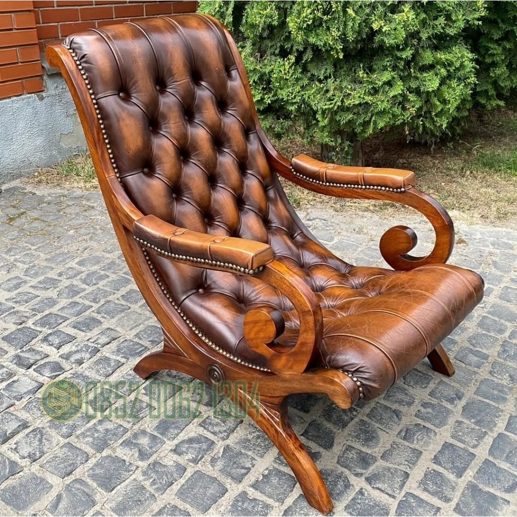 Kursi Santai Klasik Kayu Jati Dudukan Jok Kulit Oscar Sintetis - Kursi Malas Vintage Antik - Kursi S