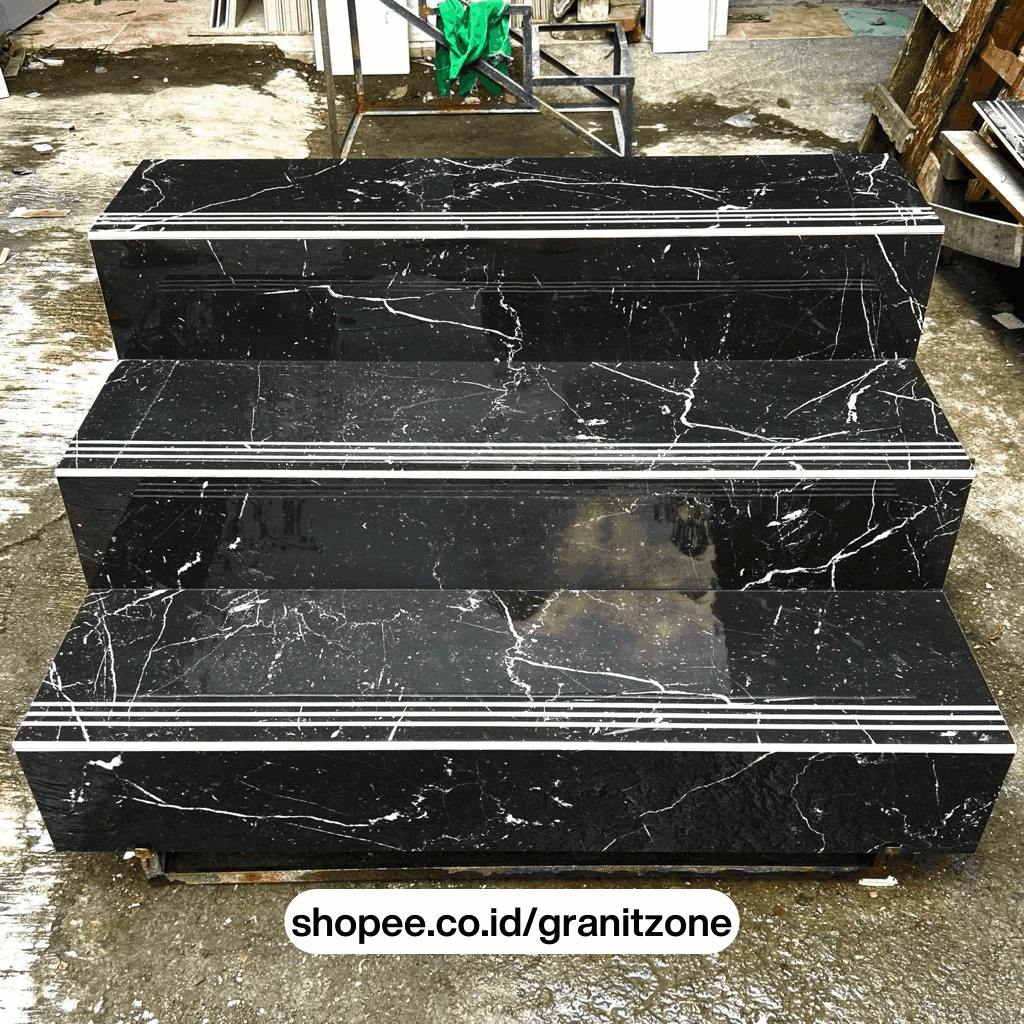 Granit Stepnosing Lantai Tangga - 30x80 s/d 120cm - Motif Putih Dasar Hitam - Kilap Glossy
