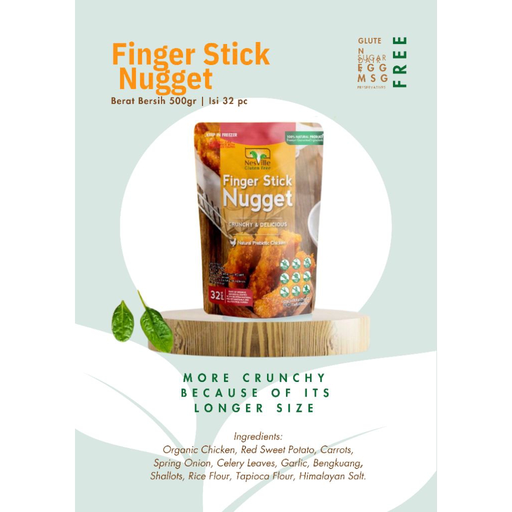 

Nesville Finger Stick Nugget Alergen free : gluten free, dairy free, sugar free, egg free, msg free, preservatives free