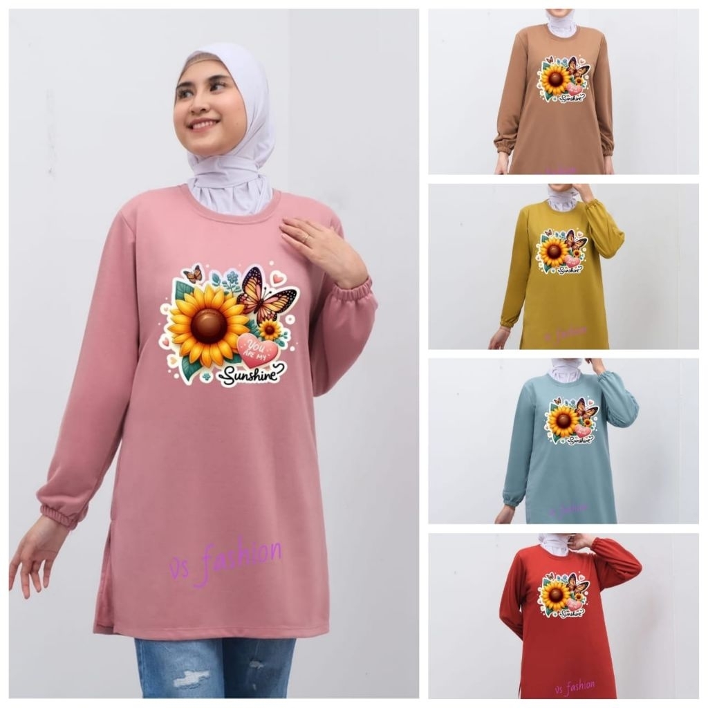 Kaos tunik wanita Muslimah Basic Yang Cantik Motif Sunshine Kupu-Kupu Bunga Matahari Kekinian