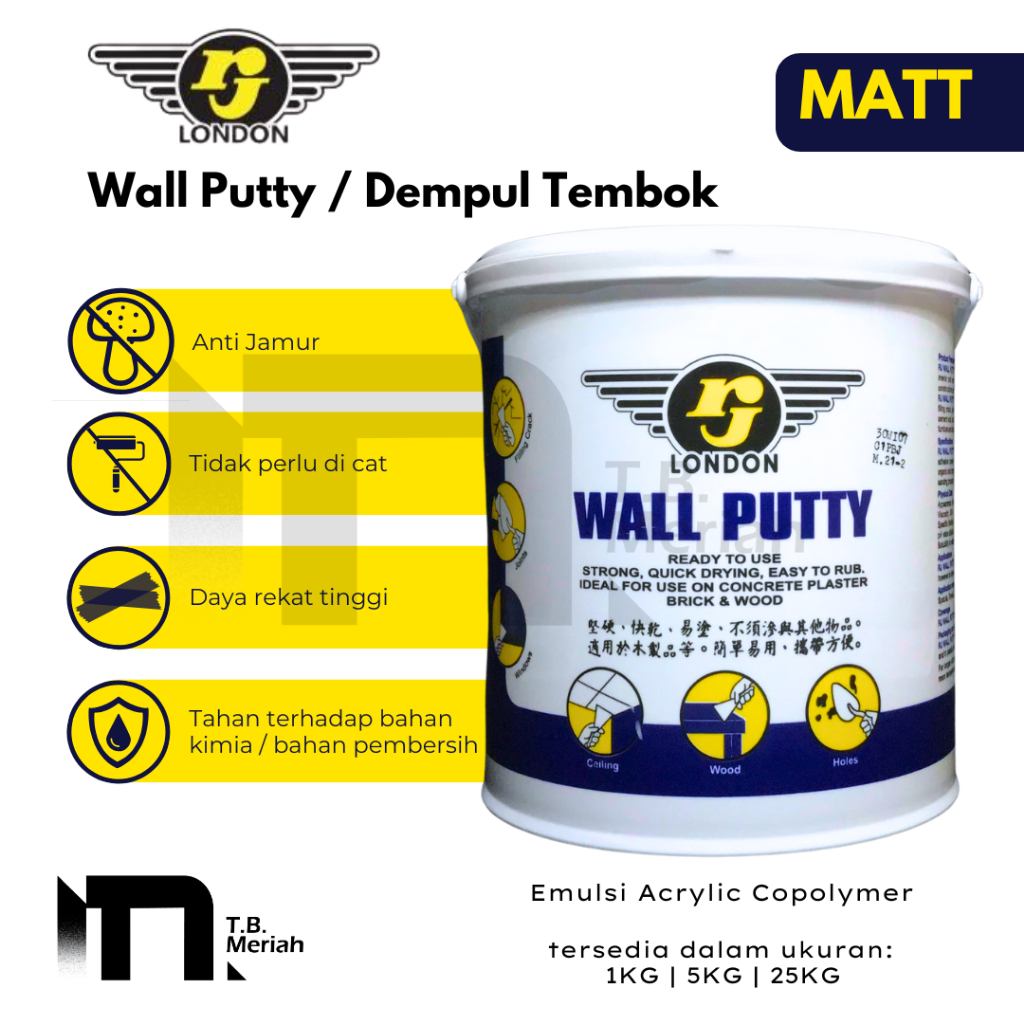 RJ London Wall Putty 1Kg & 5kg - Dempul / Plamir Tembok Interior & Eksterior - Dempul / Plamir Dindi