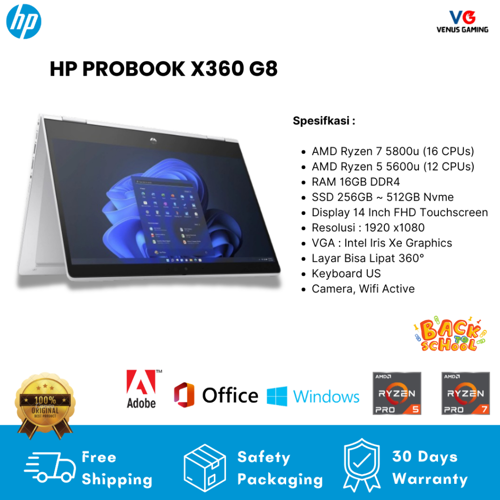 Laptop Second Like New HP X360 G8 Ryzen 5 Ryzen 7 RAM 16GB SSD 512GB Layar Bisa Lipat Windows 11 Pro