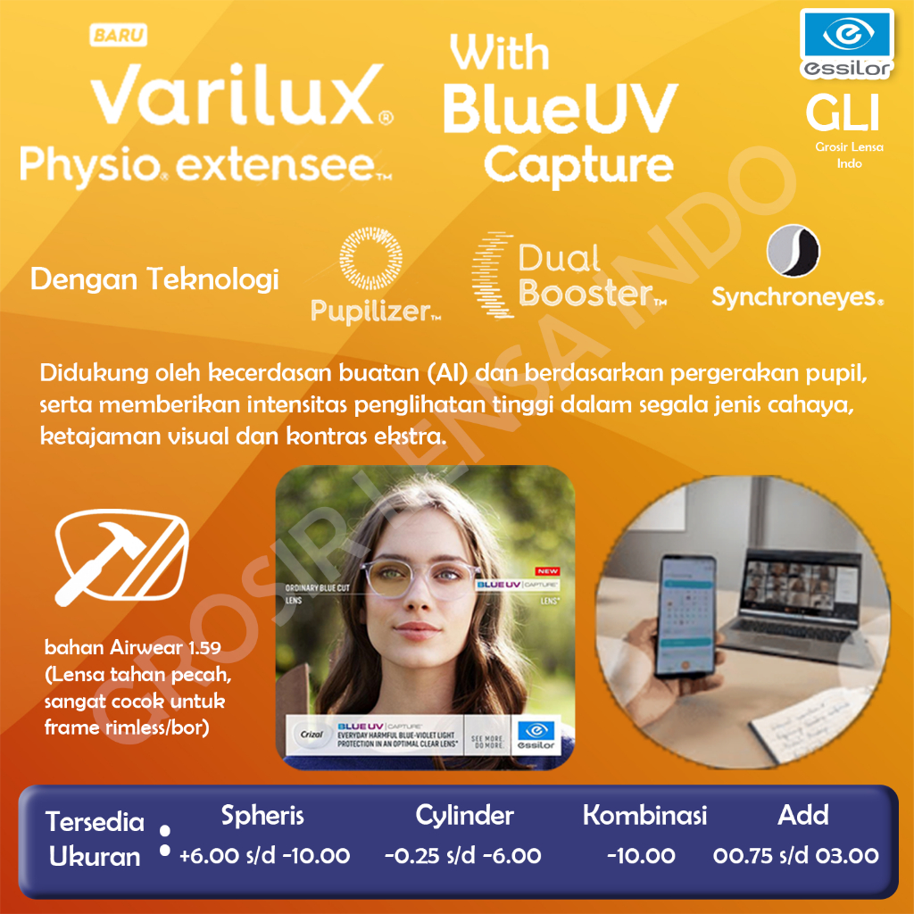 Lensa Progresif Essilor Varilux Physio Extensee Blue UV Capture Airwear 1.59 Crizal Rock / Sapphire 