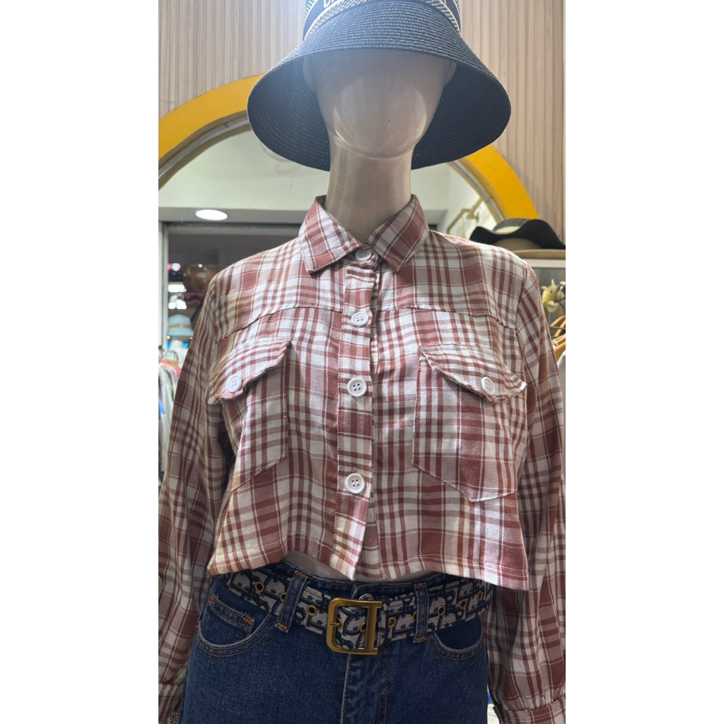 kemeja kotak kotak crop