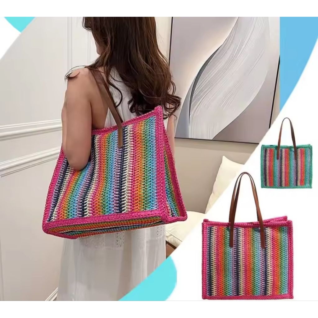 Tote bag wanita tas seagrass rainbow tas pantai wanita totebag seagrass premium tas fashion wanita t