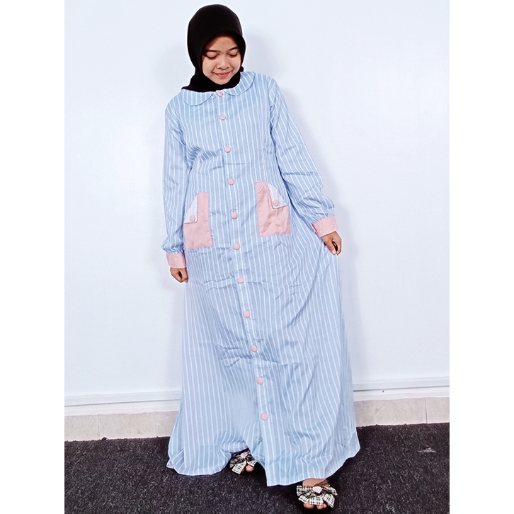 Gamis Zaura Linen Motif Salur Baju Muslim Wanita Kekinian Kerah Salermon Kantong Depan