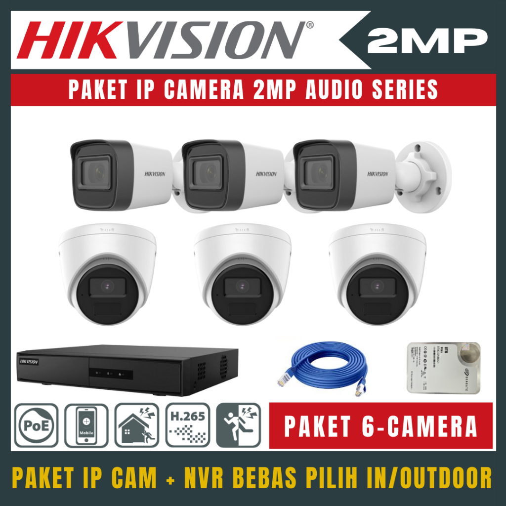 PAKET CCTV HIKVISION 2MP IP CAMERA 8 CHANNEL 6 KAMERA
