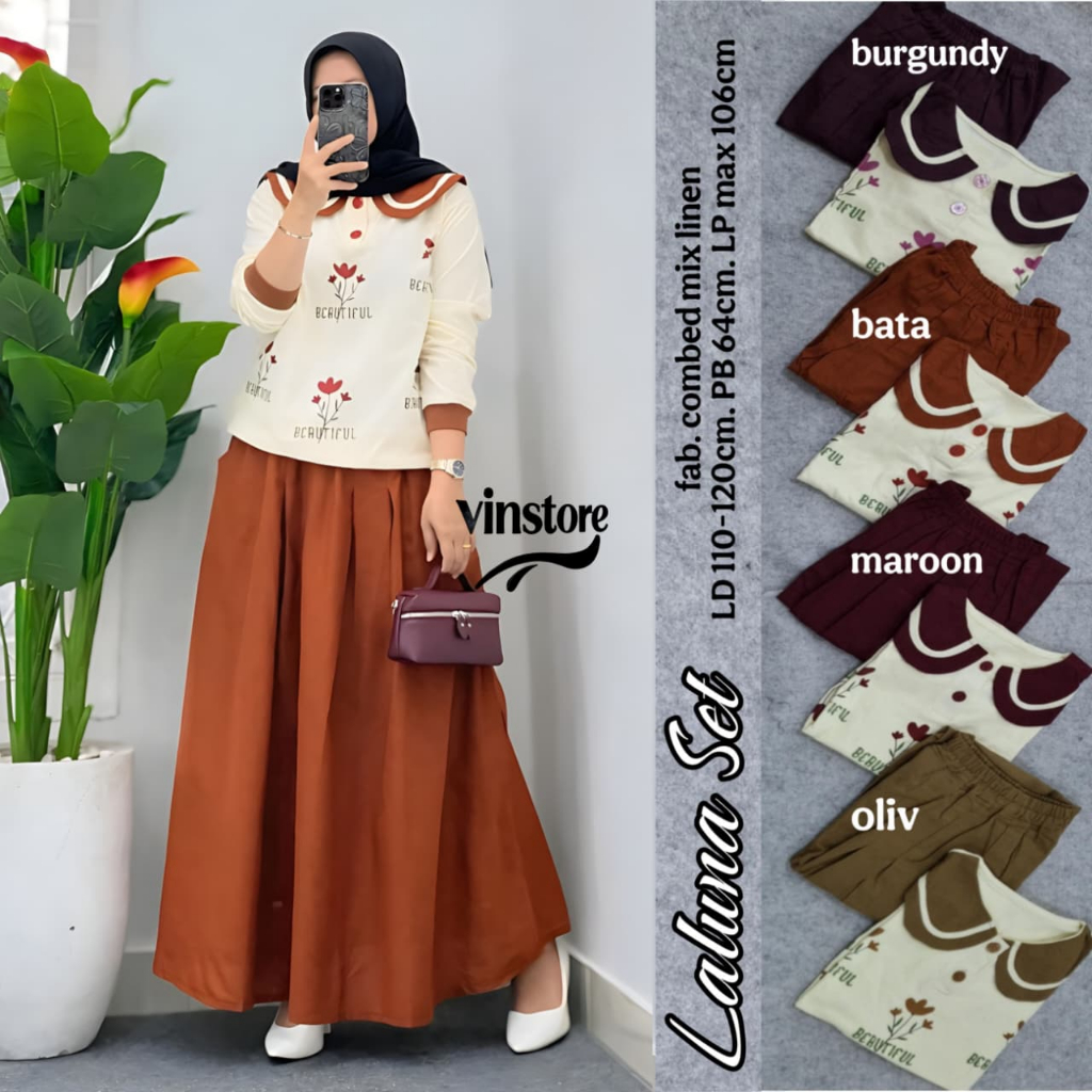 Setelan Rok Kaos Combed Laluna One Set Mix Linen Ld 110