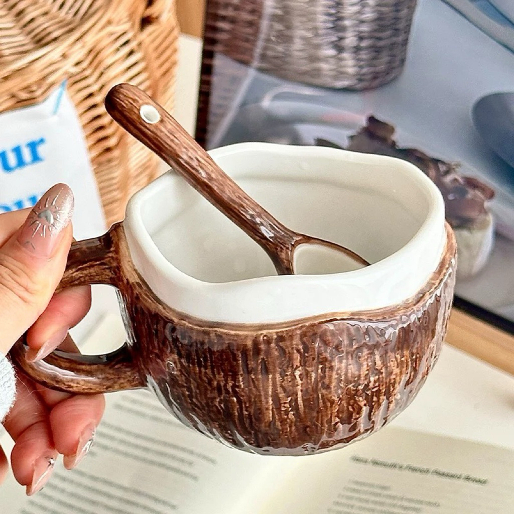 Beachside Coconut Mug & Spoon Set | Gelas Keramik Bertekstur Bentuk Kelapa 1 Set Lengkap Dengan Send