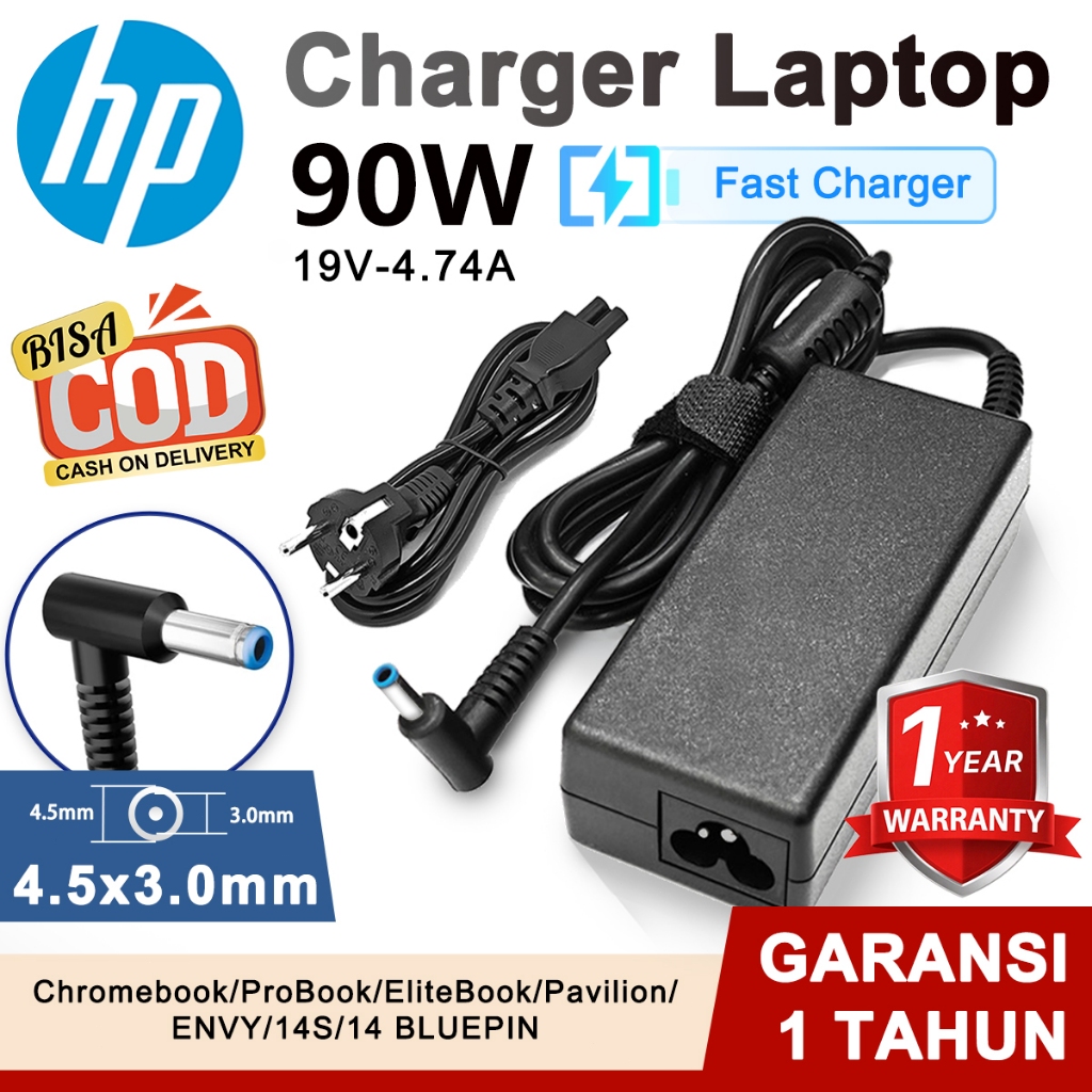 Adaptor Charger Laptop HP Original 4.5x3.0mm Blue Pin Port 90W Charger Untuk HP Chromebook / ProBook