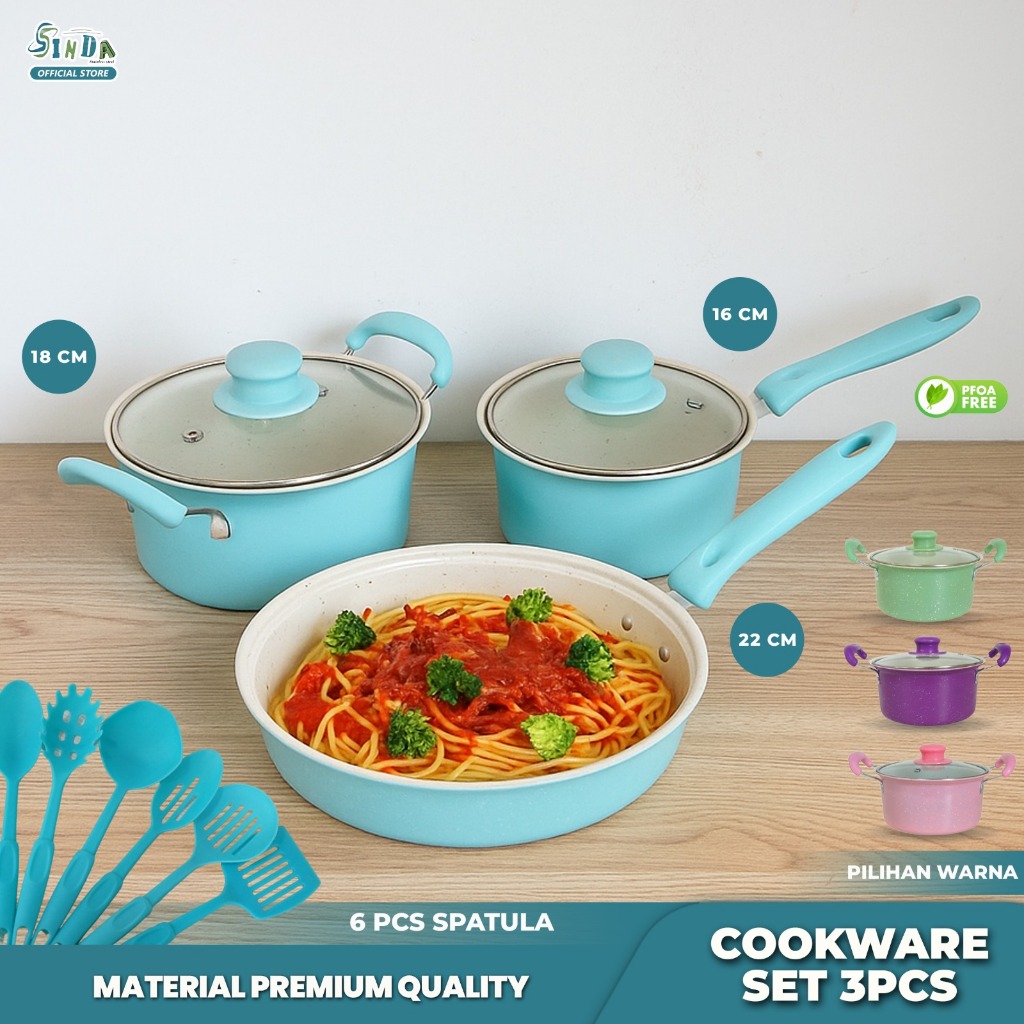 Sinda Panci Set 3pcs Lengkap Warna Frypan Saucepan Cookware Set Free Spatula