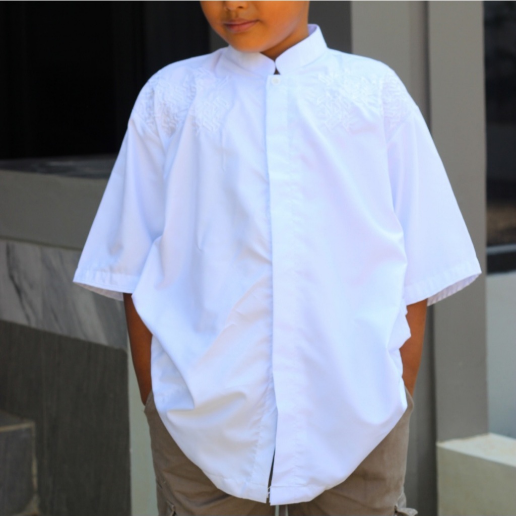 Abdillah - Koko putih anak laki-laki bordir senada lengan pendek (grosir)