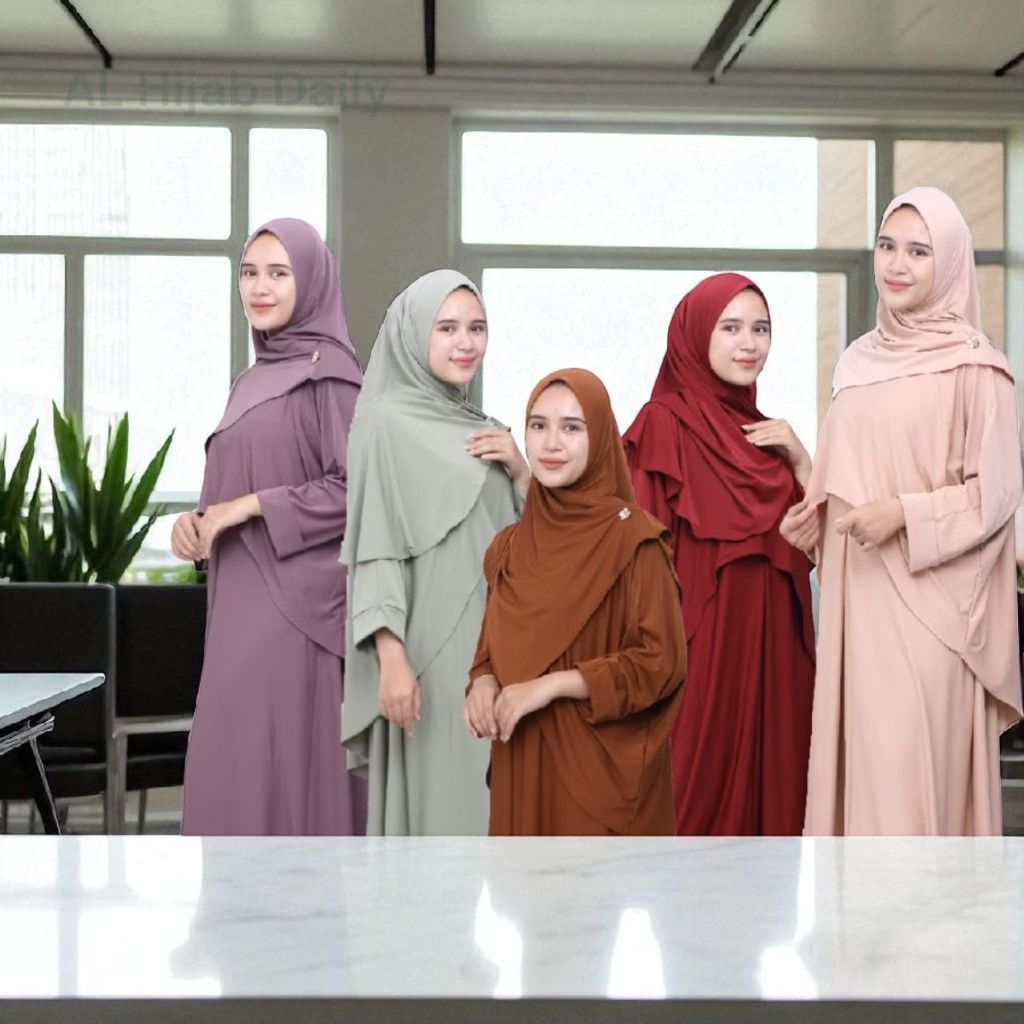 Alena Gamis Syar’i One Set in 1 Busui Polos | Set Baju Muslim Terbaru | Outer + Inner + Jilbab | Bah