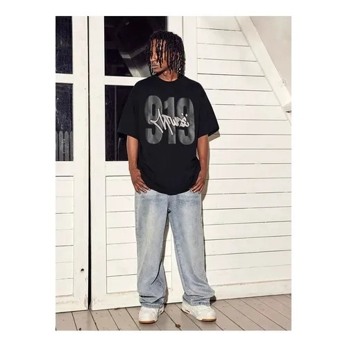 Kaos Katun Hitam 919 Pria Kasual Olahraga Hitam Cetak Pantai Lengan Pendek Kaos