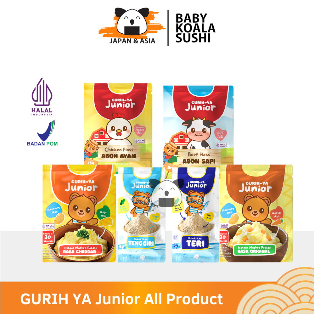

GURIH-YA Junior all product Halal | Kaldu Bubuk Teri & Tenggiri | Mashed Potato | Abon Sapi Ayam | MPASI