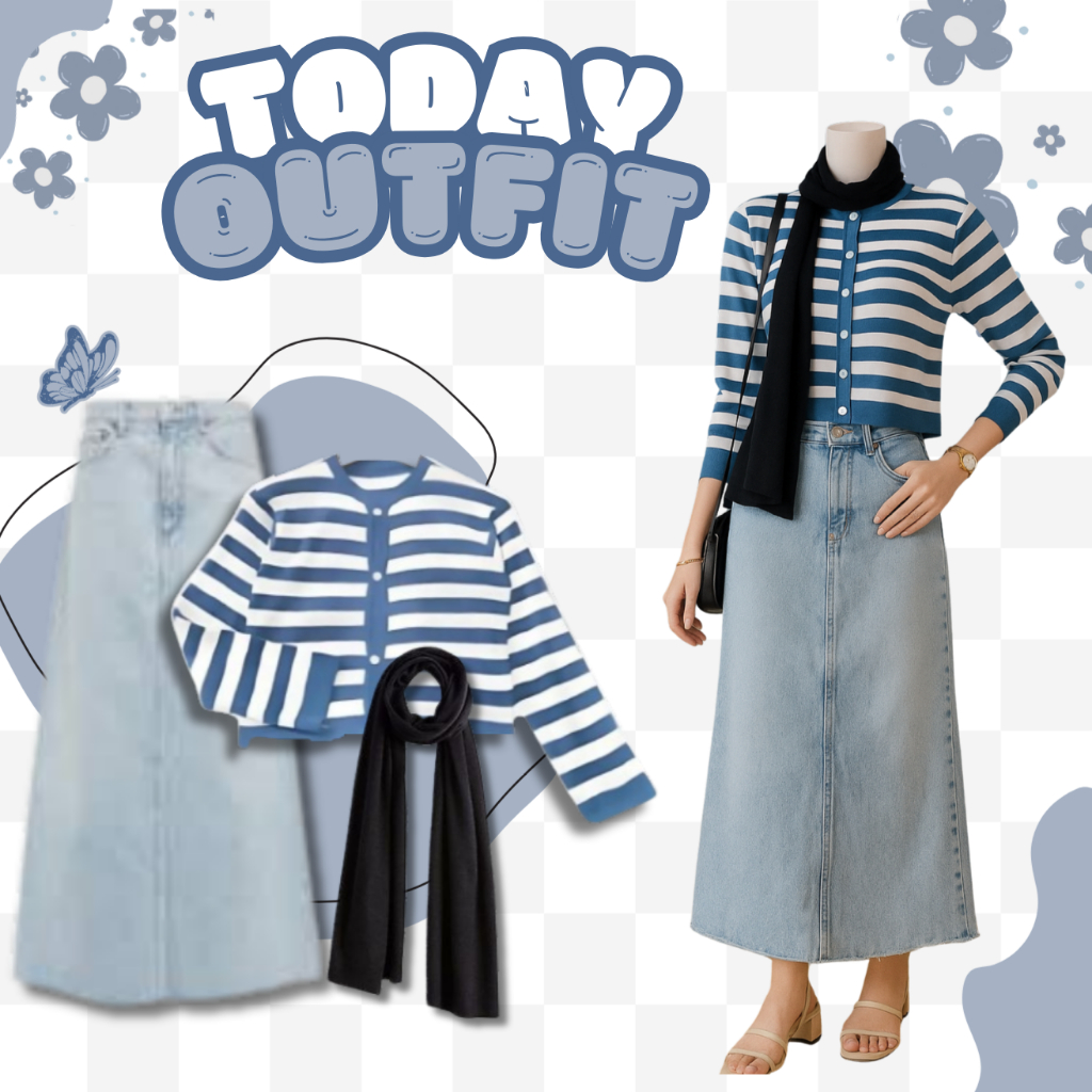 Pridha Set Wanita - Sweater Garis-garis & Rok Jeans Kekinian Wanita Trend 3 In 1 Set Wanita