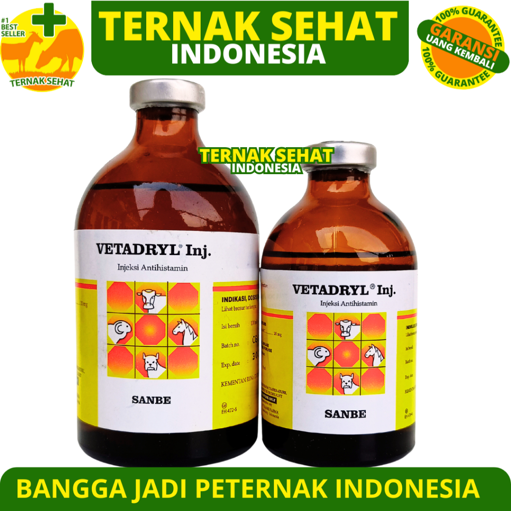 VETADRYL INJEKSI 50ml & VETADRYL 100ml - Obat Antihistamin Hewan Sapi Kuda Domba Kambing Babi Anjing