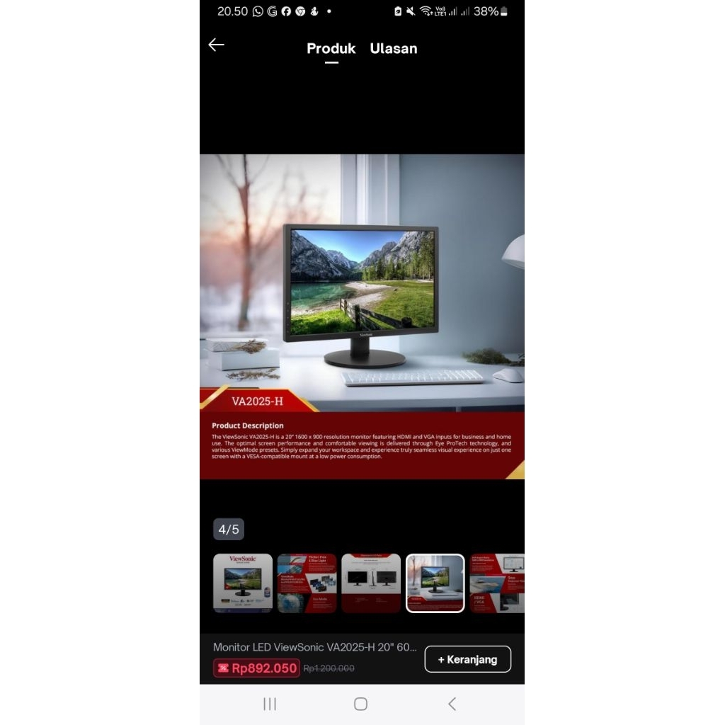 Viewsonic  20"Led Monitor  Viewsonic VA2025-H