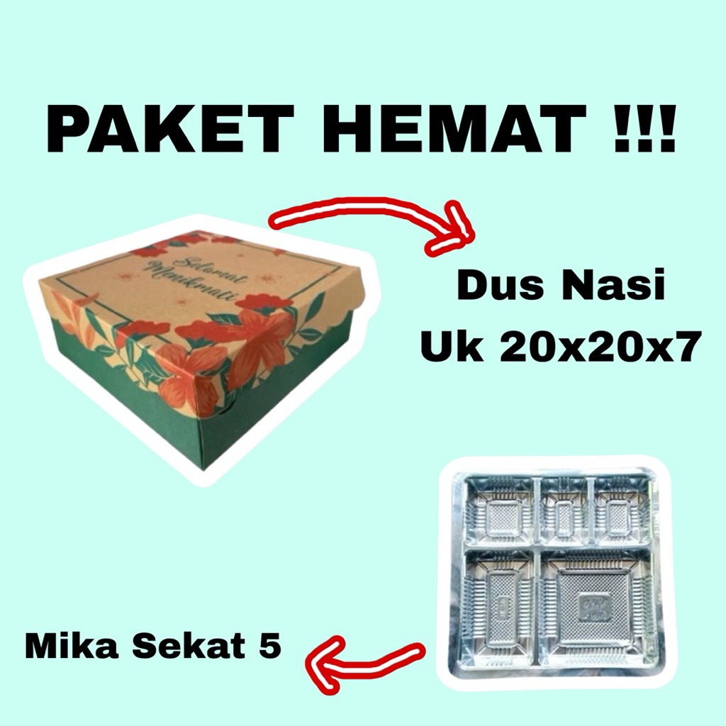 

50/100 Pcs Paket Dus Nasi Dan Mika Sekat 5 || Kardus Nasi Uk 20x20x7 || Mika Makanan ||