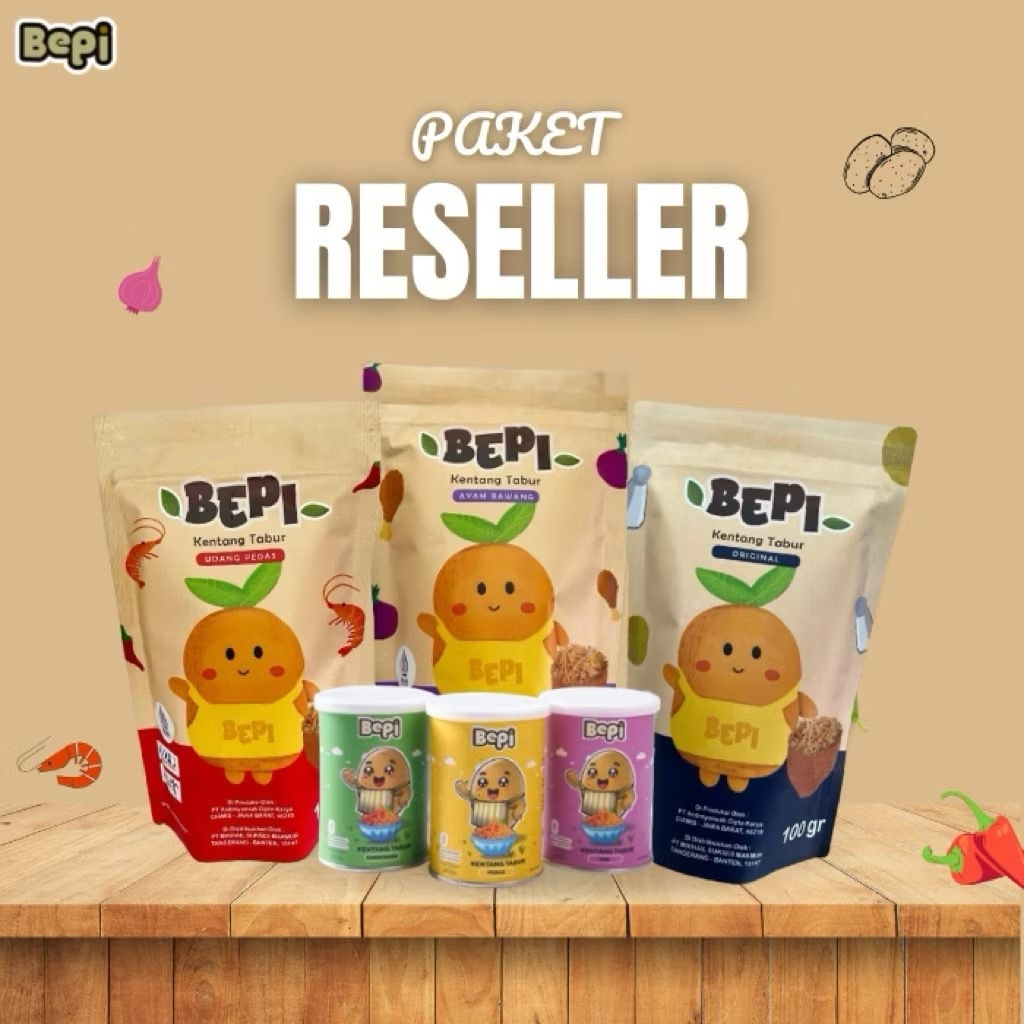 

PAKET RESELLER - Kentang Tabur Bepi 6 Varian Rasa (Original, Udang Pedas, Ayam Bawang, Teri, Pedas, Cabai Hijau)