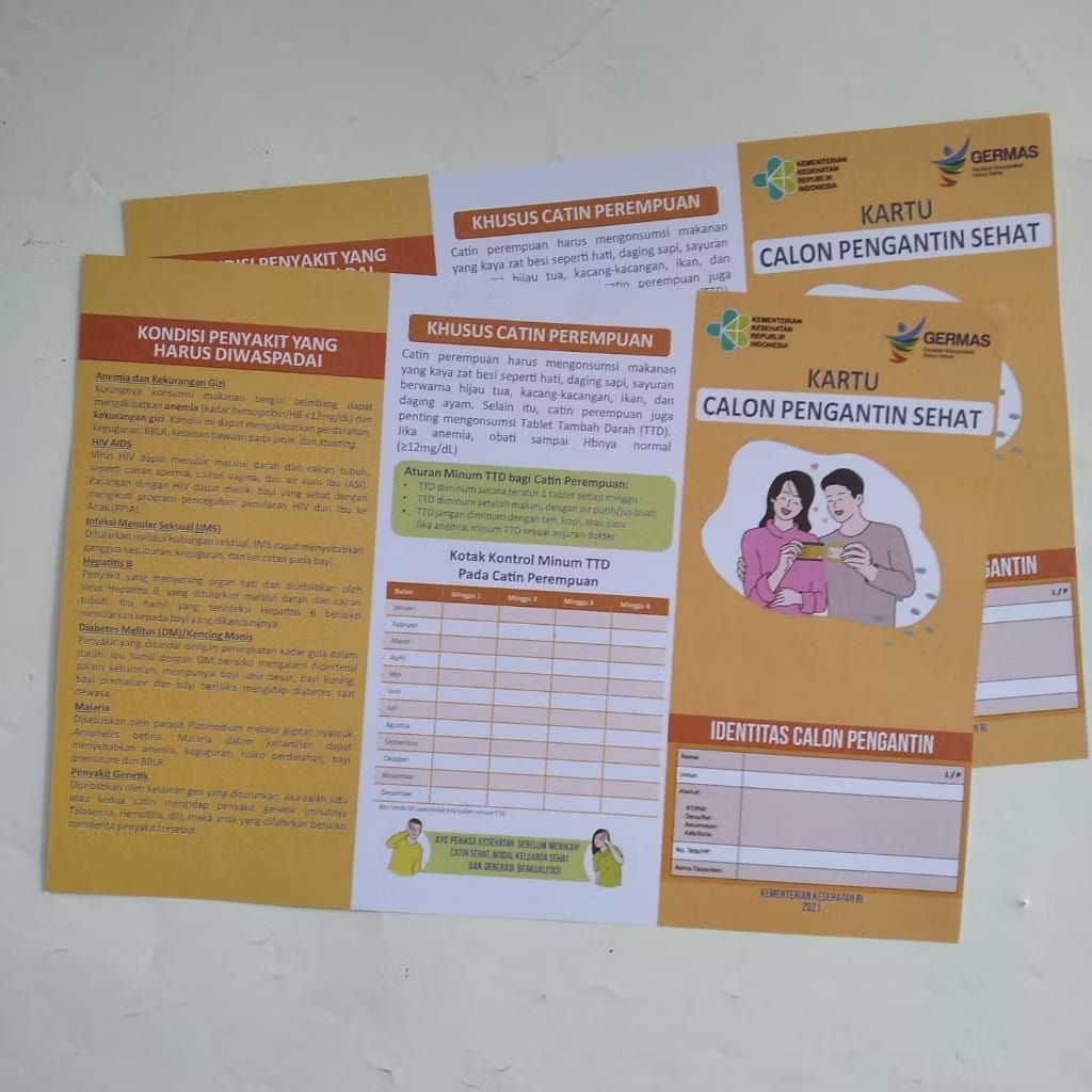 

kartu calon Pengantin sehat Bahan: Kertas BC Isi : 25 Cetak 2 muka bolak balik