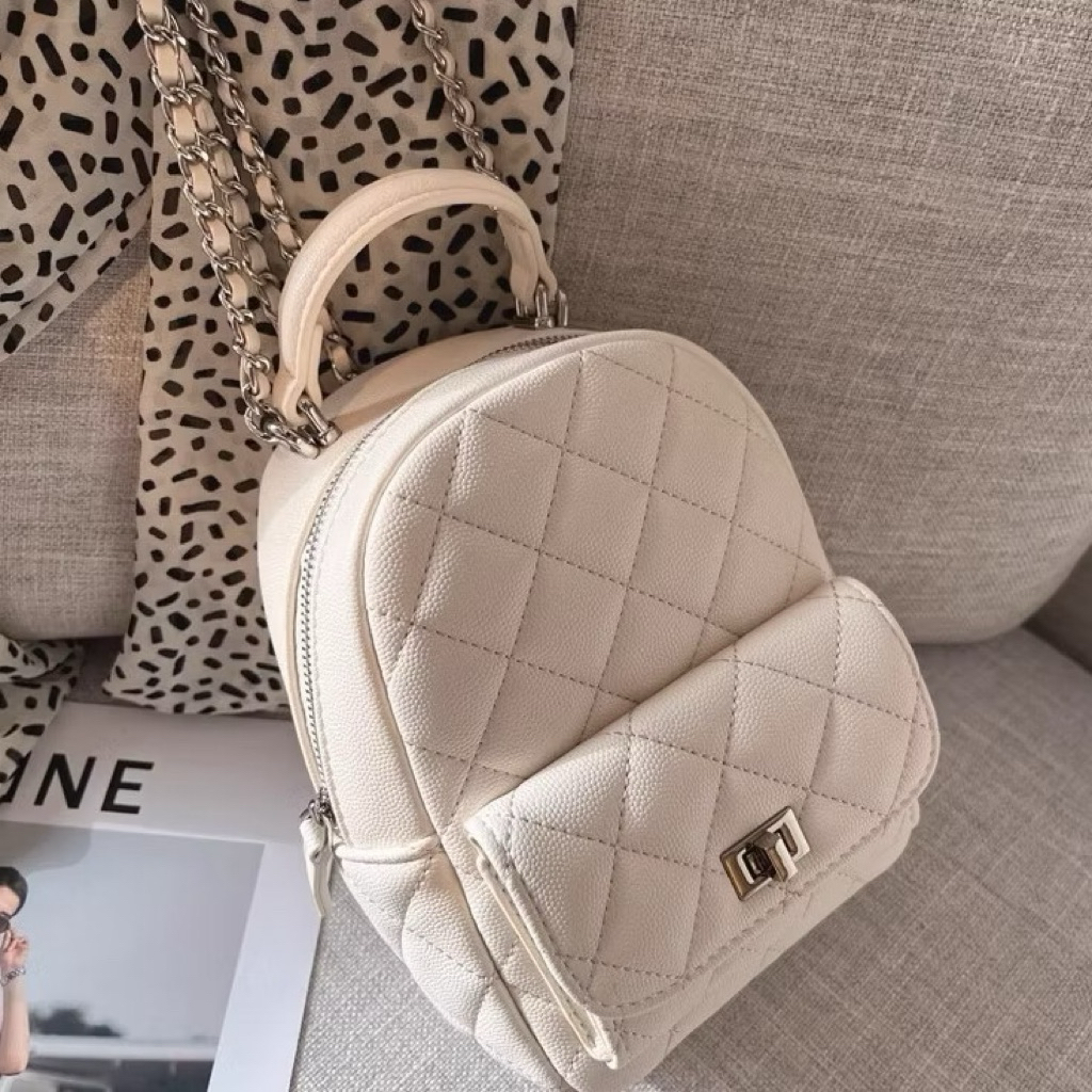 Miniso Diamond Pattern Backpack Beige Tas Backpack Mini Wanita / Tas Gendong Mini Wanita