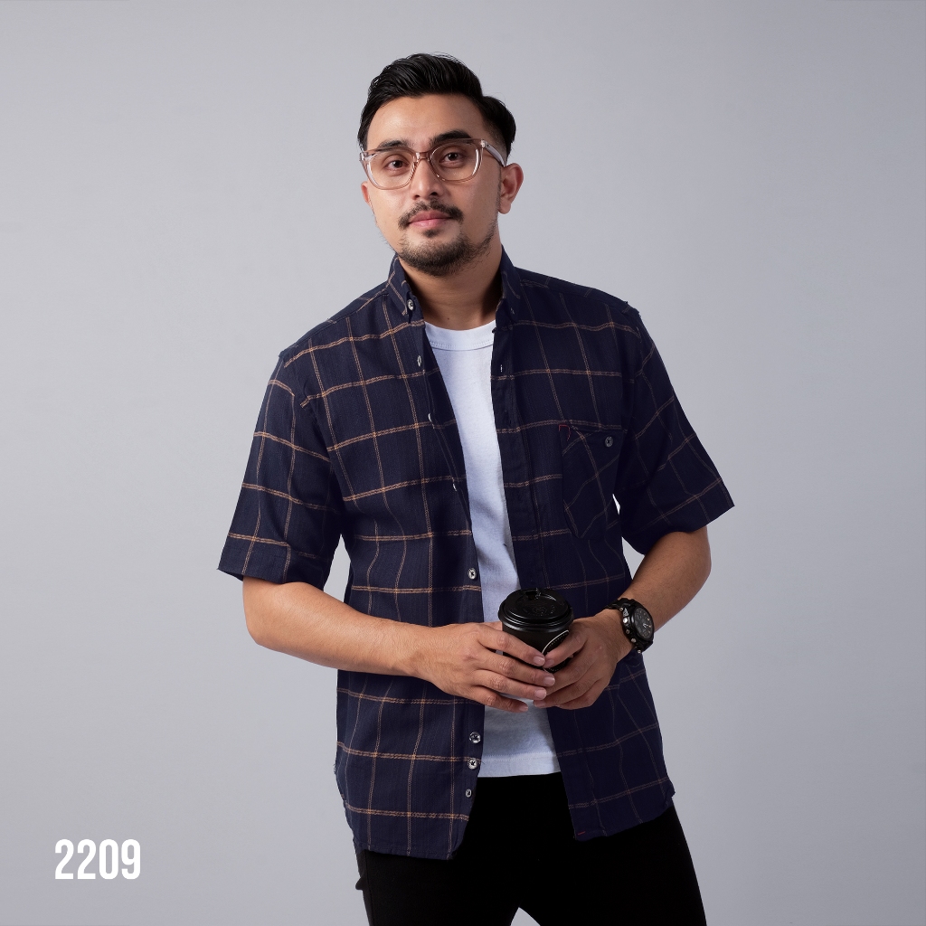 PAKAJI Kemeja Pria Flanel Pendek Premium Biru Dongker List Coklat 2209