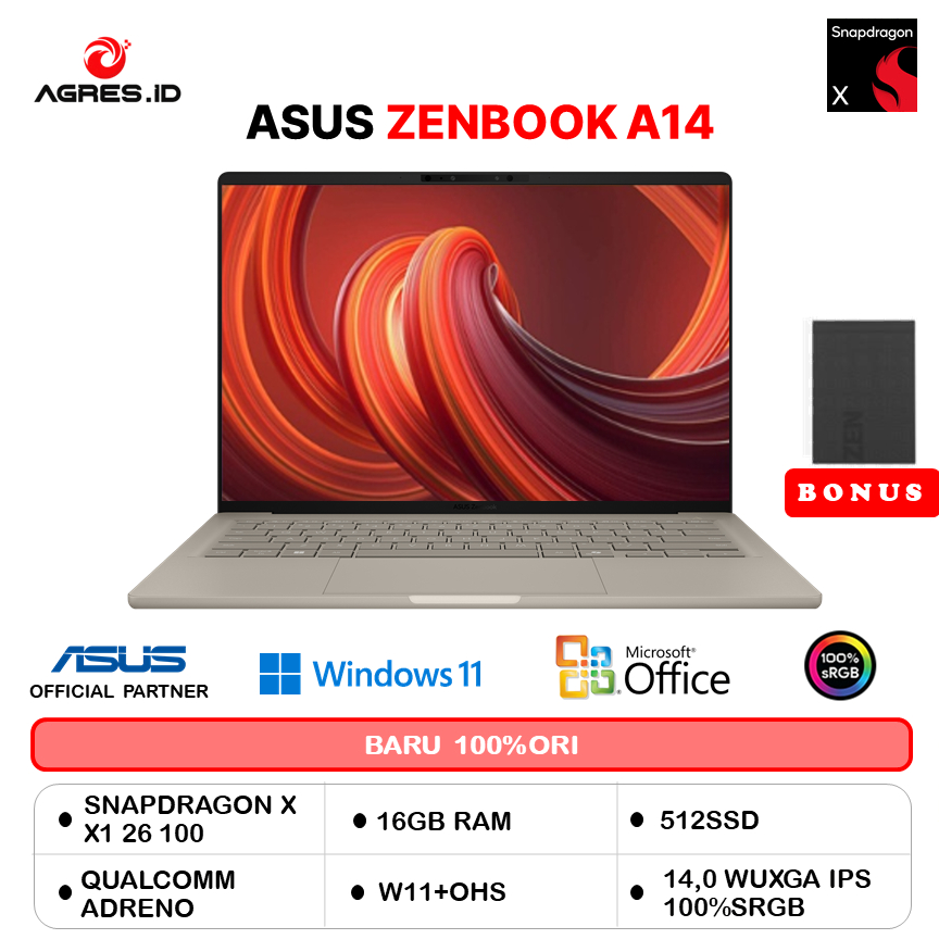ASUS ZENBOOK A14 UX3407QA SNAPDRAGON X X126100 16GB 1TB W11+OHS 14.0WUXGA IPS -IPSP111M
