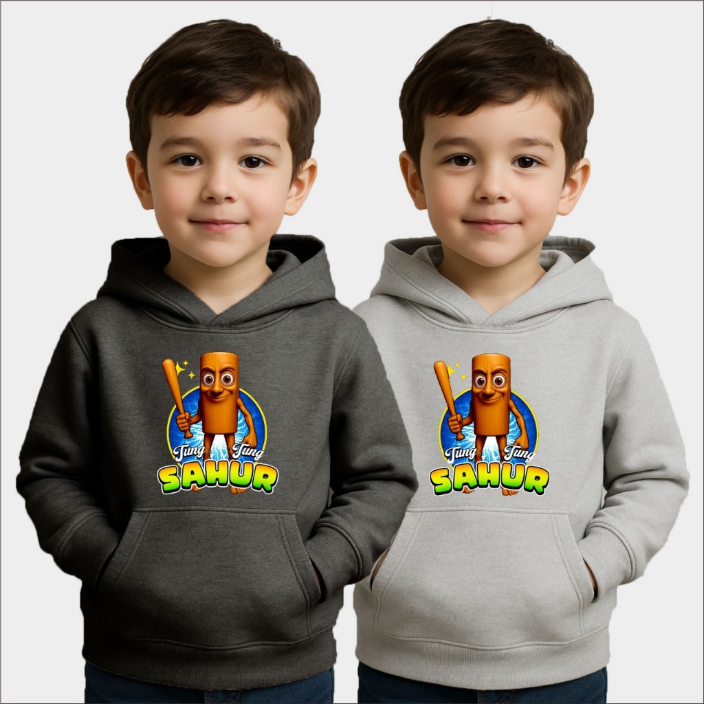 Hoodie Anak Unisex Tung Tung Sahur Warna Abu Hitam | Sweater Hoodie Anak 6-15 Tahun