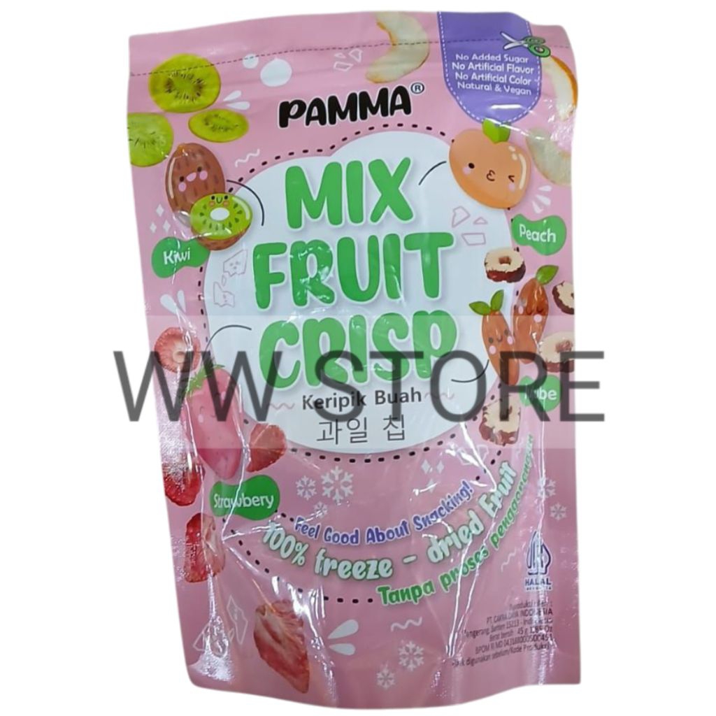 

Cemilan snek makanan ringan kripik keripik buah camput TANPA PROSES PENGGORENGAN halal MUI PAMMA 100% freeze - dried MIX FRUIT CRISP 45g