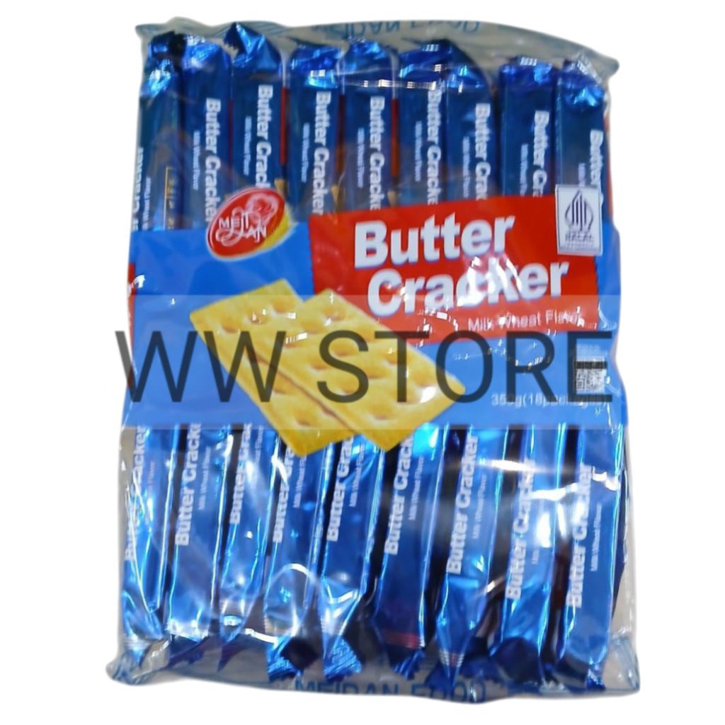 

Biskuit krekers krakers mentega dengan rasa susu halal MUI MeiDan Mei Dan Butter Cracker Milk Wheat Flavour Flavor crackers 350g ( 18pcs x 19g )